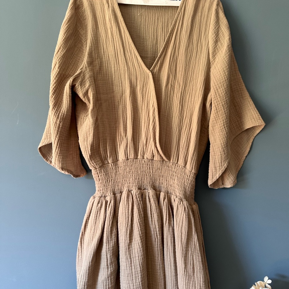 Elegant Tan V-Neck Mini Dress